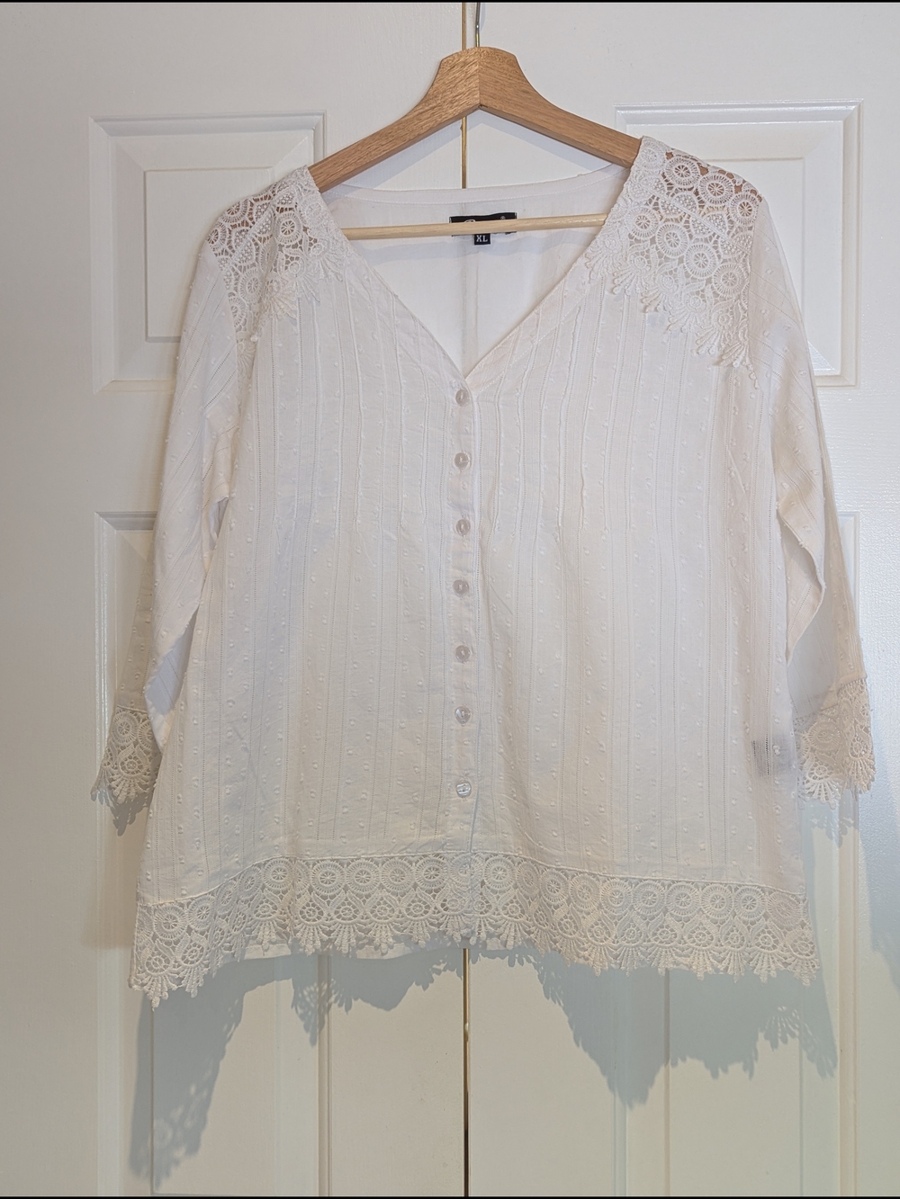 Papa Vancouver Womens White Lace-Trim Button-Down Shirt Blouse Boho Cottagecore